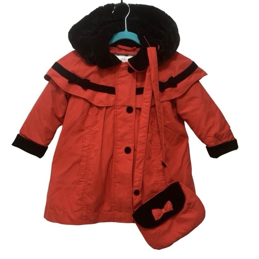Rothschild Girls 2T Red Dress Coat Black Velvet Capelet Hood Purse NWOT